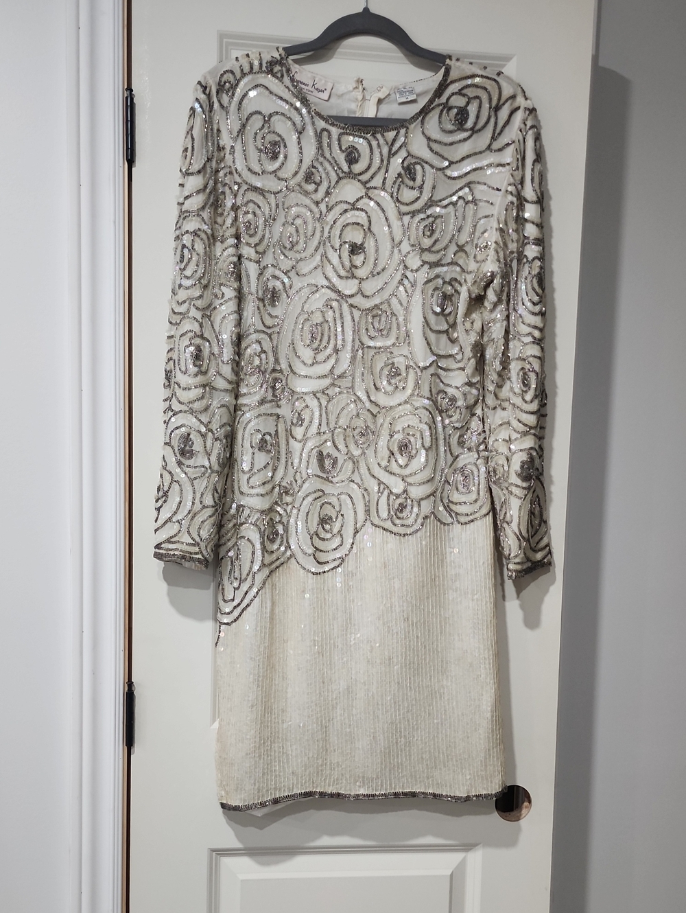 Laurence Kazar Ivory Long-Sleeve Sequin Rose Dress